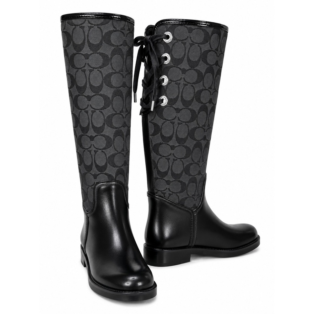 Coach Tristee Signature Rain Boots Black Graphite Lace Up Tall A7431 Size 7M